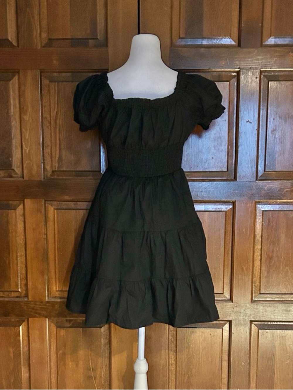 Princess Polly Black Mini Dress Size 10 Milkmaid Smocked Puff Sleeve Tiered - Picture 3 of 9